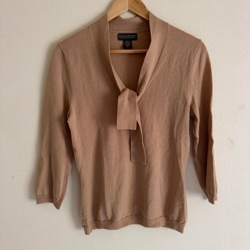 Banana Republic Italian Merino Wool Tie Neck Sweater M Camel Brown Quiet Luxury